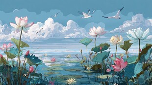 夏日荷塘飞鸟梦幻景致