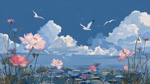 夏日荷海飞鸟梦幻景致