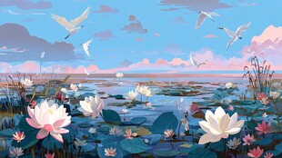 夏日荷塘飞鸟梦幻景致