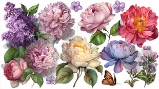 多彩花卉与蝴蝶插画素材