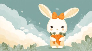 可爱小兔抱胡萝卜在云端