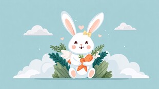 可爱白兔抱胡萝卜在云端