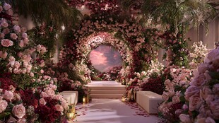 浪漫梦幻的花卉婚礼通道