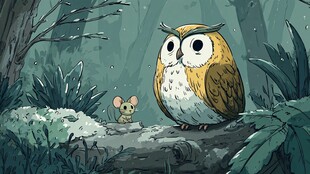 森林中猫头鹰与小老鼠对视