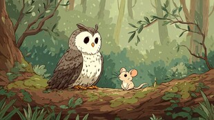 森林中猫头鹰与小老鼠对视