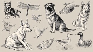 动物手绘集合 犬鸟昆虫