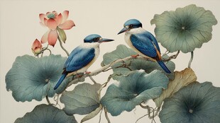 双翠鸟栖于荷花莲叶间