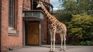 长颈鹿立于红砖建筑旁