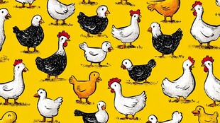 黄色背景上的多彩小鸡图案
