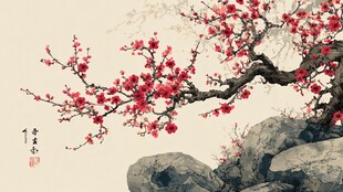红梅倚石图