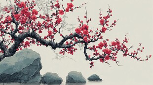 红梅倚石图
