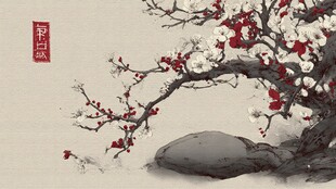 水墨红梅倚石图