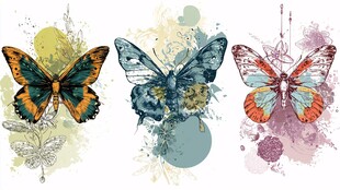 水彩风格多彩蝴蝶插画