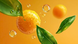 鲜橙带叶飞溅水珠画面