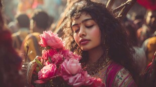 印度女子手持艳粉花朵