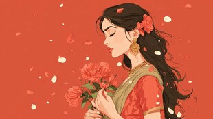 红衣女子手持玫瑰静立