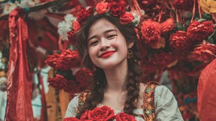 花饰少女的灿烂笑颜