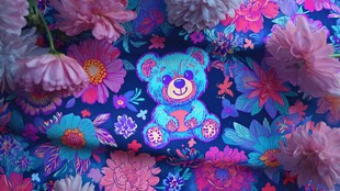 梦幻小熊花卉图案布料