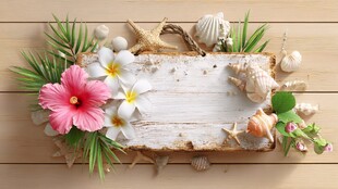 海滨风装饰木板与花卉贝壳