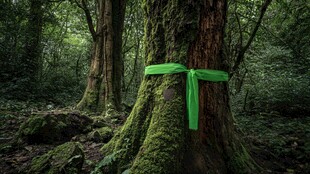 森林中系绿丝带的古老大树