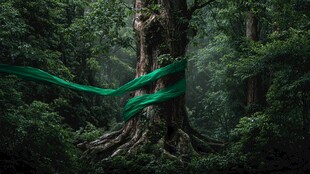 森林巨树缠绕翠绿绸带