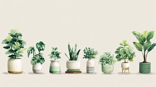 一排清新绿植盆栽展示