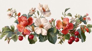 复古风花卉与浆果装饰图