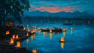 湖畔夜放河灯唯美景致