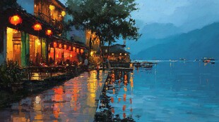 湖畔夜景 灯火映照宁静水乡