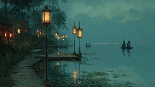 湖畔夜景 灯影摇曳小船悠