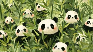 竹林中的可爱熊猫群