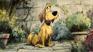 庭院中坐着的可爱黄狗