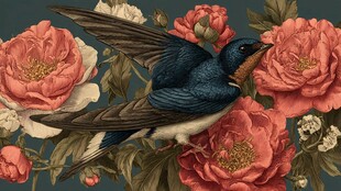 燕子穿梭于娇艳花丛间