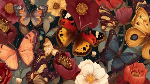 繁花间飞舞的多彩蝴蝶