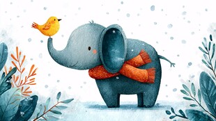 大象与小鸟的冬日温馨画面