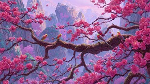 春日繁花间的鸟儿栖枝图