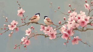 双雀栖于繁花枝头