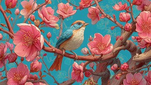 枝头小鸟伴繁花