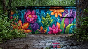 彩色花卉涂鸦墙前的景致