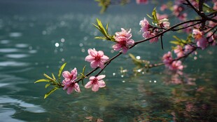 湖畔桃花绽放