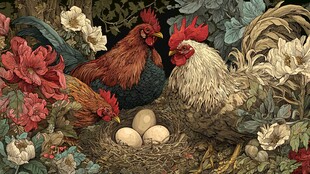 花丛中鸡与蛋的温馨画面