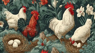 田园风鸡与蛋花卉图案