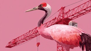 粉鹤与塔吊的奇幻景象