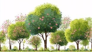 春日繁花绿树风景图