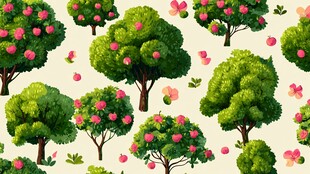 春日繁花绿树图案背景