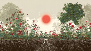 日出花丛下的根系景观