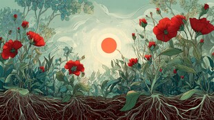 红日下绽放的红罂粟景观