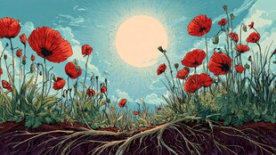 阳光下的红罂粟与根系