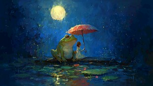 月夜下撑伞的青蛙与女孩