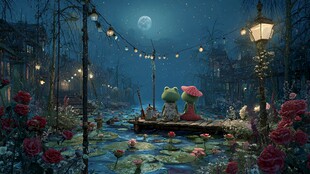 月夜下青蛙情侣的浪漫邂逅